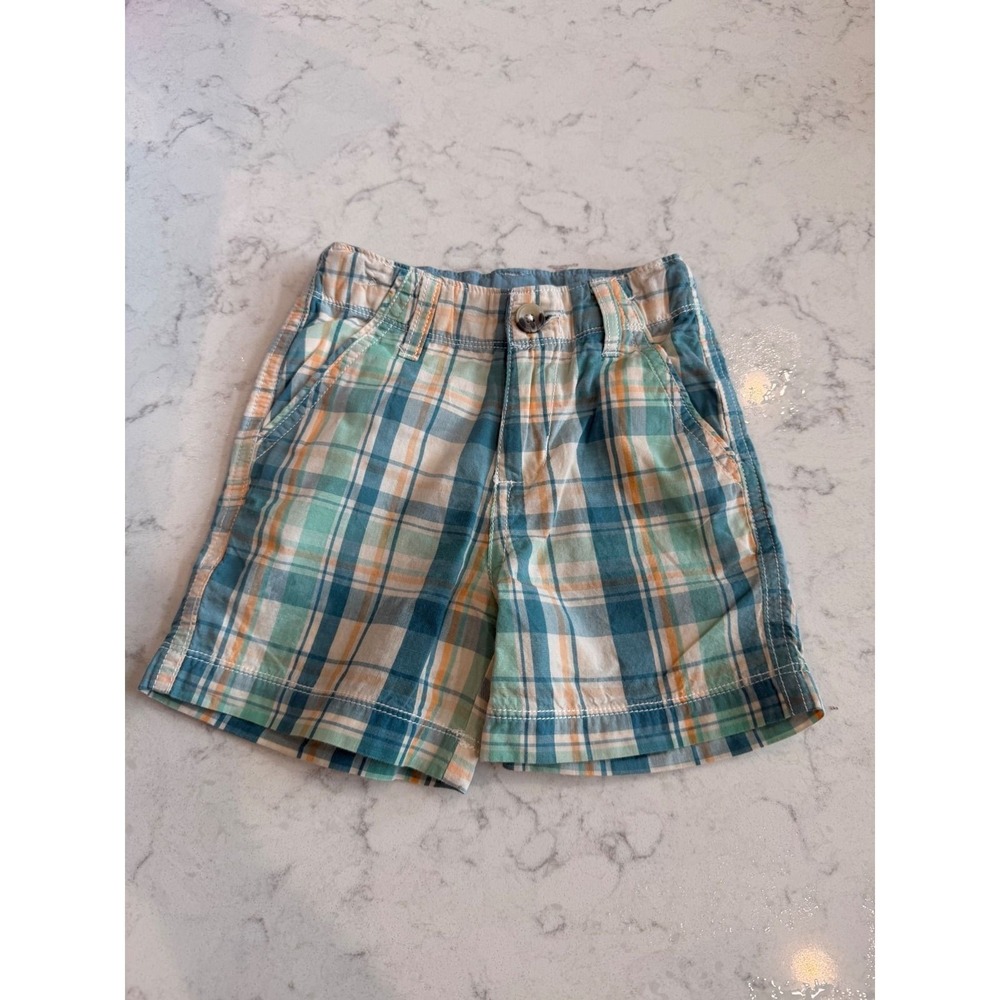 26.RuggedButts Boys Teal Orange Plaid Cotton Chino Shorts 12-18 Months